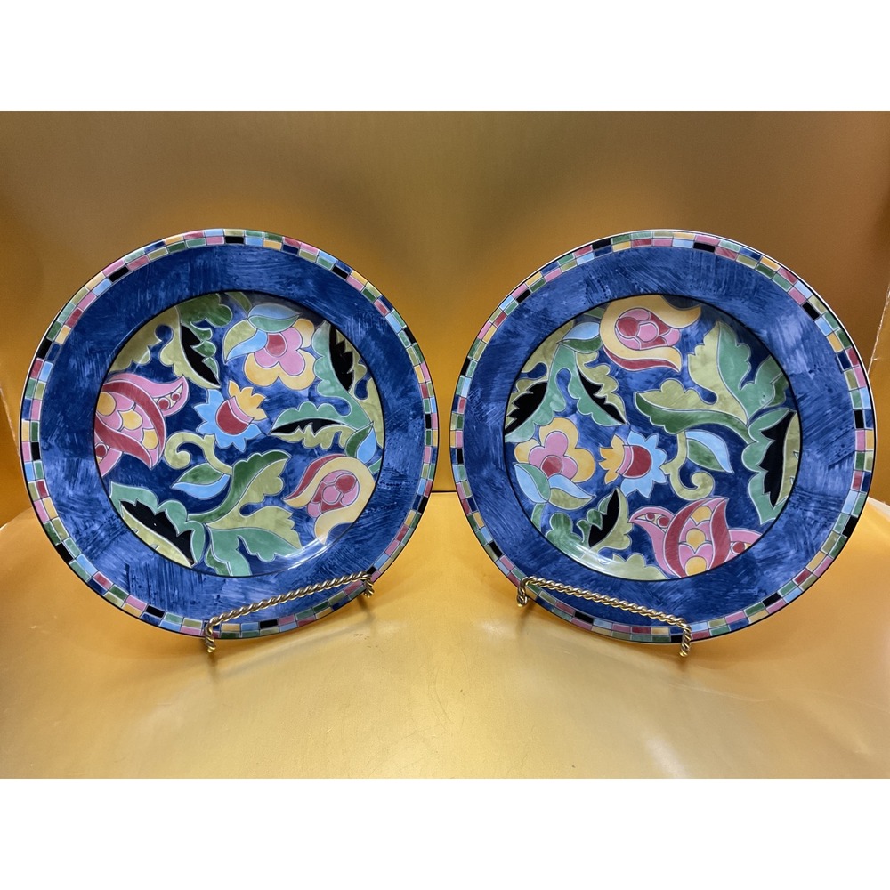 PTS International Interiors Fantasia Salad Plates Set of 2 Blue Floral Stoneware